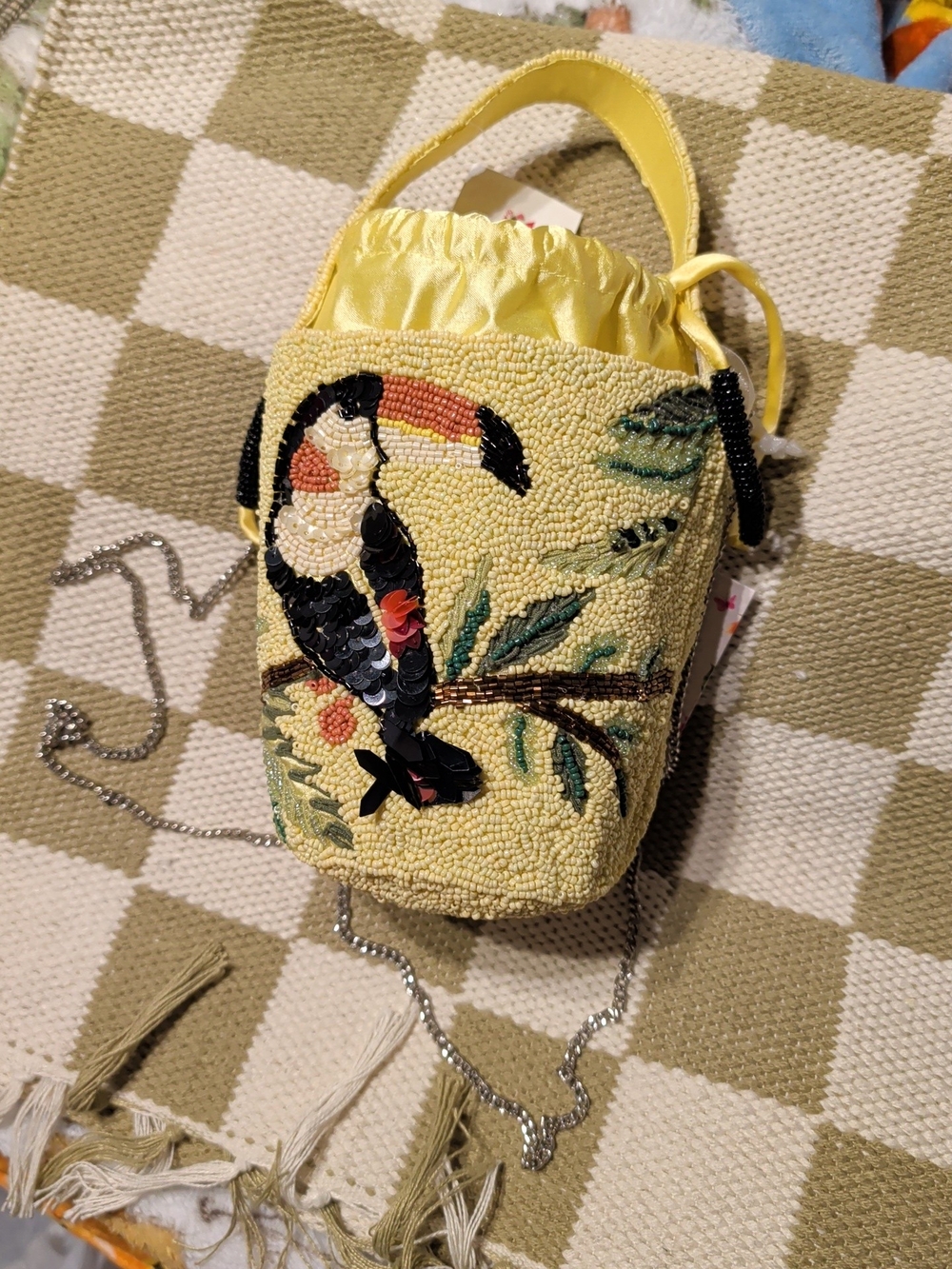 Yellow Beaded Toucan Bucket Bag With Chain Handcrafted In India NWT